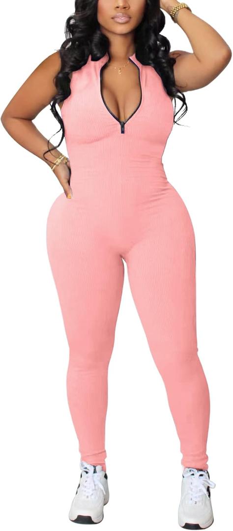 chicyes Women's Bodycon Jumpsuits Sleeveless Ribbed Zipper Sexy One Piece Pants Rompers Summer Outfits Pink (Pink, S)