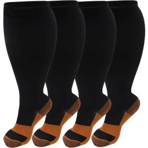 4 Pairs Plus Size Compression Socks for Women & Men, Extra Wide Calf 20-30 mmHg Knee High Compression Stockings for Circulation Swelling Support (3X-Large)