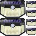 HMCITY 120 LED Outdoor Solar Lights with Motion Sensor and 3 Lighting Modes, IP65 Waterproof Wide Solar Wall Lights Ideal for Garden Patio Yard (Front Button 6Packs, Black Shell-Daylight White)
