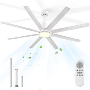 65in White Ceiling Fan with Lights Remote Control 8-Blade Outdoor Ceiling Fan Light for Patio Reversible Large Ceiling Fan for Garage Home Office Gym Room Living Room
