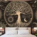 FORATER Tree of Life Tapestry Wall Hanging Sun Moon Stars Tapestries Aesthetic Galaxy Wall Tapestry Nature Home Decoration for Living Room Bedroom(61 x 82 Inch, Black and Gold)