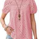 Falechay Womens Summer Tops Crewneck Short Sleeve T-Shirts Casual Babydoll Chiffon Blouses Eyelet Flowy Lace Hem Boho (Pink, M)