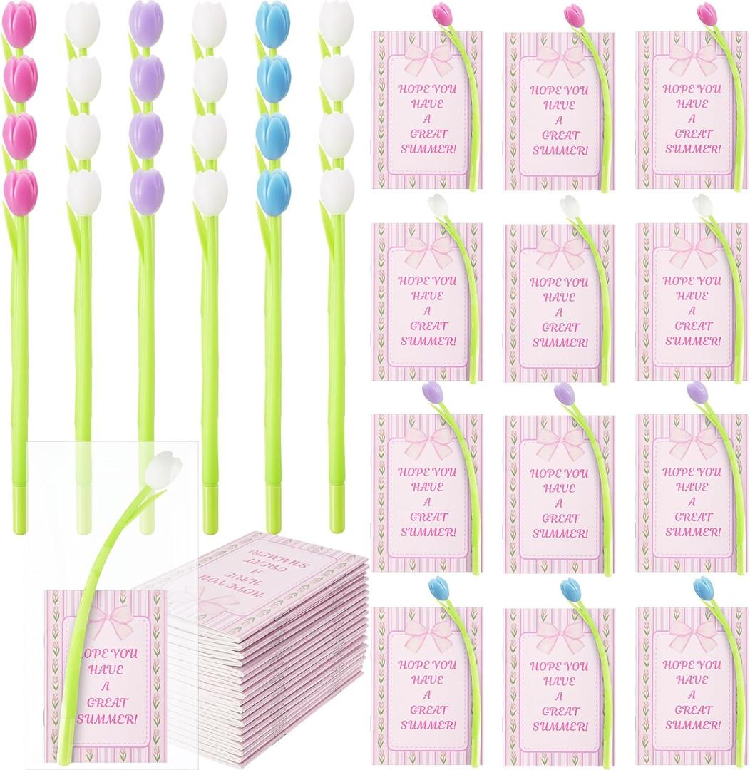 Gueevin 24 Set End of School Year Student Gifts Bulk for Kids Including 24 Pcs Color Changing Tulip Ballpoint Pens and 24 Notepads from Teacher Gift Classroom
