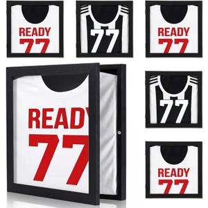 Lineshading 6 Pack T Shirt Display Frames, 13'' x 13'' Jersey Display Case Black Acrylic Imitation Wood Grain Frame Hang Magnetic Door Opening Depth of 1.6" Shadow Box for Memorabilia Jersey Souvenir