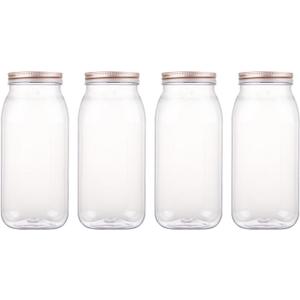 64 Ounce Clear Plastic Mason Jars With Screw On Lid, Reusable Empty Jars for Food Storage, BPA Free Containers for Sealing, Dry Food, Snacks, Candies, Breakage-proof, (Rose Gold - 4 Pack)