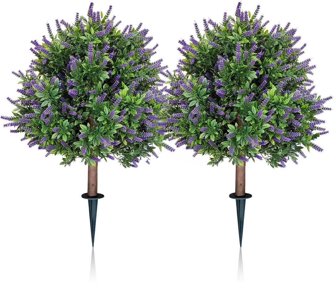 Artificial Lavender Topiary Balls Set of 2-24" UV Resistant Fake Boxwood Shrubs with Ground Spike, Evergreen Artificial Plant Bush for Outdoor Front Porch Patio Garden Home Decor Faux Plants
