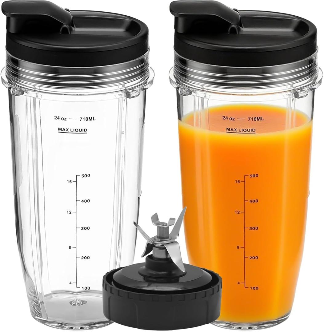 Replacement 24oz Blender Cups with Lid for Ninja, 7 Fins Extractor Blade Compatible with Nutri Auto iQ BN401 BN751 BN801 BL642 BL456 BL480 Foodi SS401 SS101 NN100 NN210 NN102 BL2012