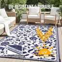 OLANLY Waterproof Outdoor Rug 9x12 ft, Outdoor Plastic Straw Rug with Flower Pattern, Reversible RV Mat for Patio, Camping, Balcony, Deck, Backyard, Navy & White