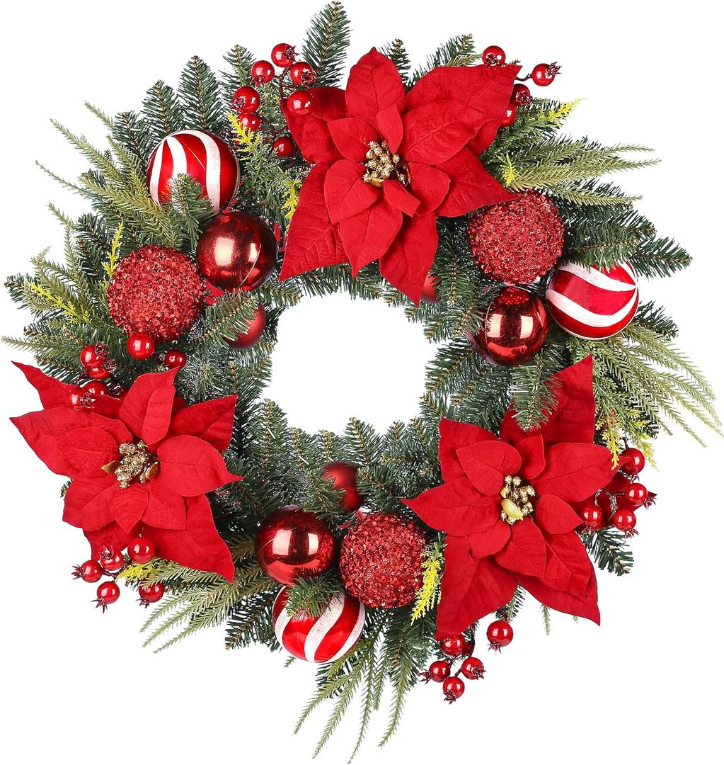 24 Inch Christmas Wreath, Artificial Christmas Wreath for Front Door, Decorated with Cypress Leaves, Christmas Flowers, Red Berries, Atmosphere Balls, Suitable for Indoor and Outdoor (Chrismats Wreath 19)
