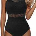 Holipick Crochet Tummy Control One Piece Swimsuit Modest Bathing Suit High Neck Full Coverage Swimwear (XX-Large, Black)