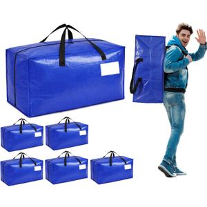 6 Pack Moving Bags Heavy Duty Extra Large Storage Bags with Zippers, Handles, Backpack Straps Packing Bag for Moving College Dorm Room Essentials, Camping, Travel, Clothes 93 L 25 Gallons (Blue)