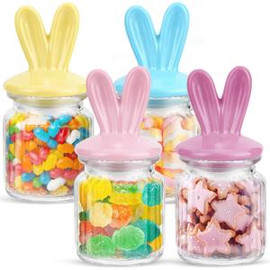 Easter Centerpieces for Table - 4 Pcs Easter Candy Jar with Ceramic Bunny Ear Lids, Easter Cookie Jar for Coffee Bar Bunny Home Decor