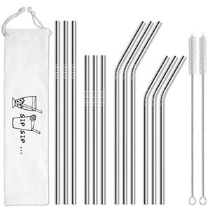 Hiware 5 Pack Reusable Stainless Steel Metal Straws with Case - Long Drinking Straws for 30 oz and 20 oz Tumblers Dishwasher Safe - 2 Cleaning Brushes Included