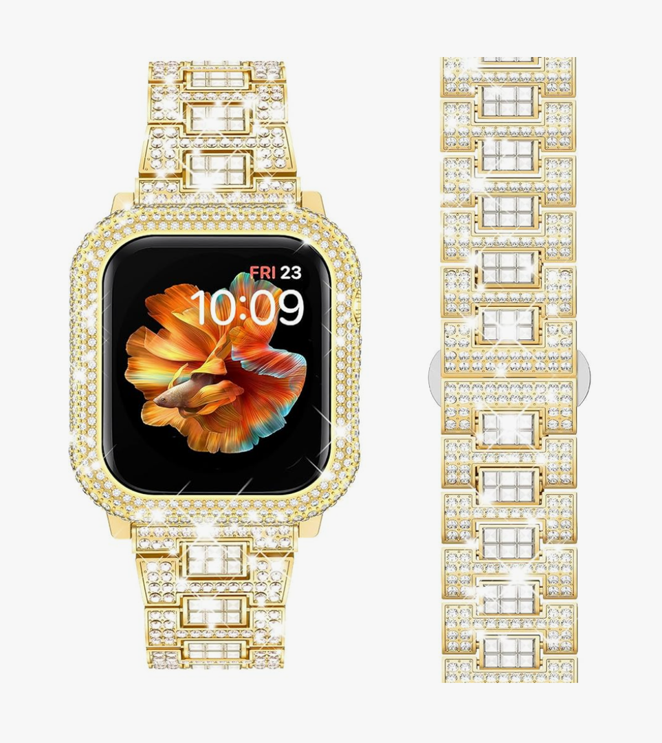 Mosonio Compatible with Bling Apple Watch Band Women 40/44/41/45/42/46mm with Shiny Metal Case, Full Sparking Luxury Diamond Bands and Cover Set, Cute Charming Strap for iWatch SE Series