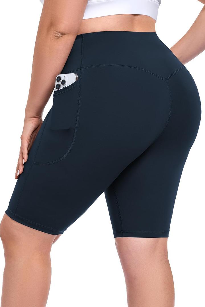 Womens Plus Size 10" Biker Shorts with Pockets, L-6XL High Waist Tummy Control Knee Length Butter Soft Athletic Workout Shorts L