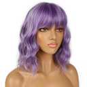Short Bob Wigs with Bangs for Women Loose Wavy Wig Curly Wavy Shoulder Length Bob Synthetic Cosplay Wig for Girl Colorful Costume Wigs (Violet)