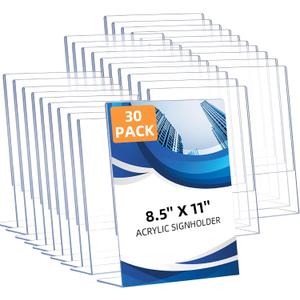 30 Pack Acrylic Sign Holder 8.5 x 11, Clear Plastic Display Stands for Tabletop, L-Shape Acrylic Stands for Flyers, Documents, Office, Restaurants, Vertical Sign Holder 8.5x11 for Desktop