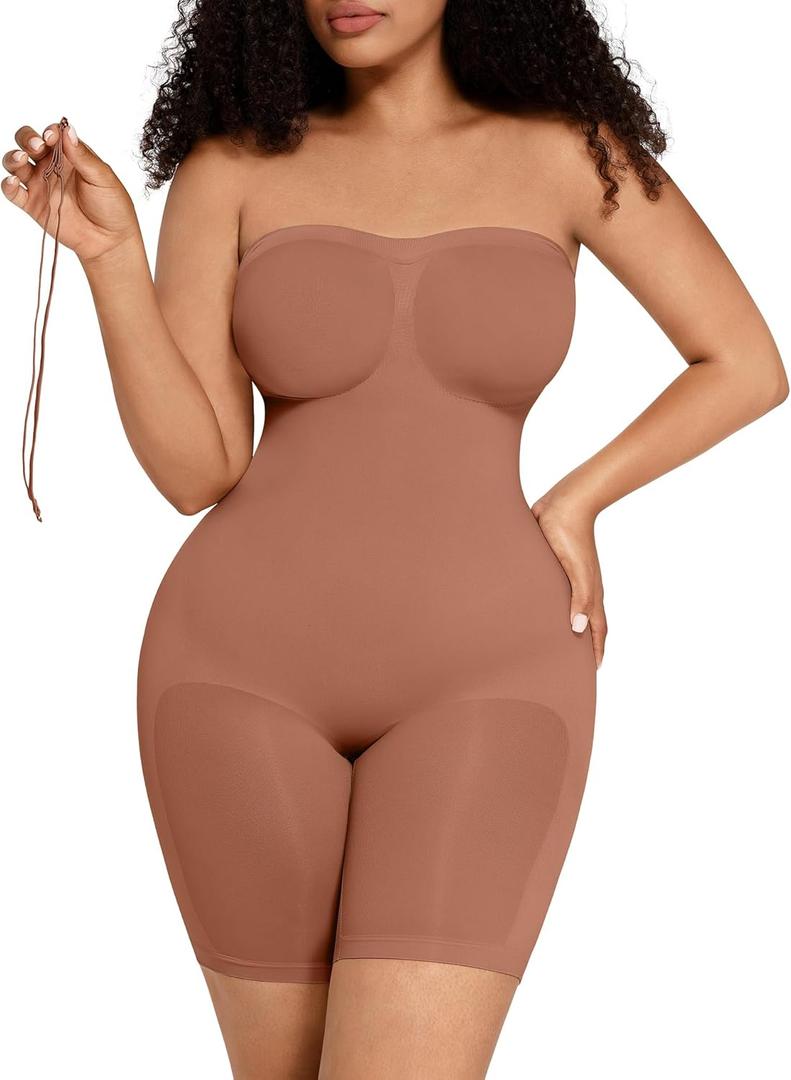 FeelinGirl Strapless Bodysuit for Women Tummy Control Shapewear Seamless Sculpt Body Shaper with Removable Straps (Small, Light Brown)