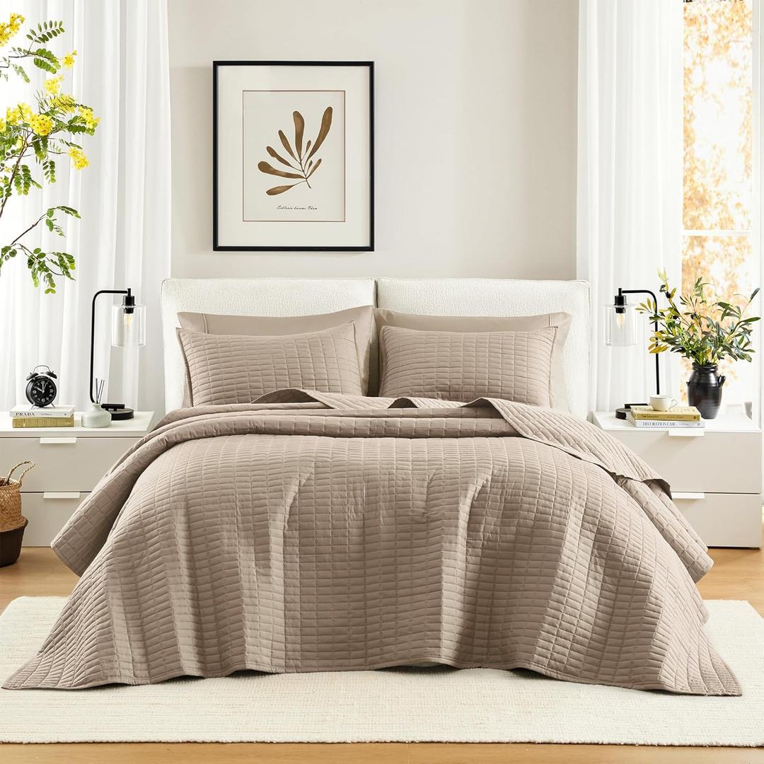 Comfort Spaces King Quilt-All Season Bedding, Taupe Bedspread With Double Sided Stitching Design, Soft Summer Blanket Matching Shams Coverlet Kienna Collection (120"x118") 3 Piece