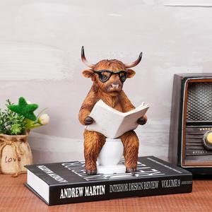 Highland Cow Figurine for Reading Newspapers Highland Cow Bathroom Decor Highland Cow Statue, Highland Cow Gift for Women,Highland Cow Christmas Decor Garden Kitchen Decor(Brown-Read Book)