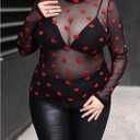 WDIRARA Women's Plus Size Floral Print Sheer Mesh Top Round Neck Long Sleeve Blouse (Black, XXXL)