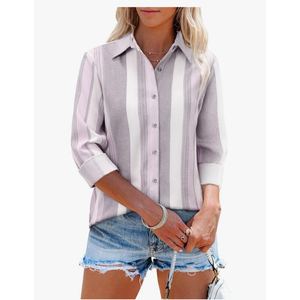 Women's Striped Button Down Shirts Linen Long Sleeve Dress Shirts Collared Blouses Business Casual Outfits Tops size L