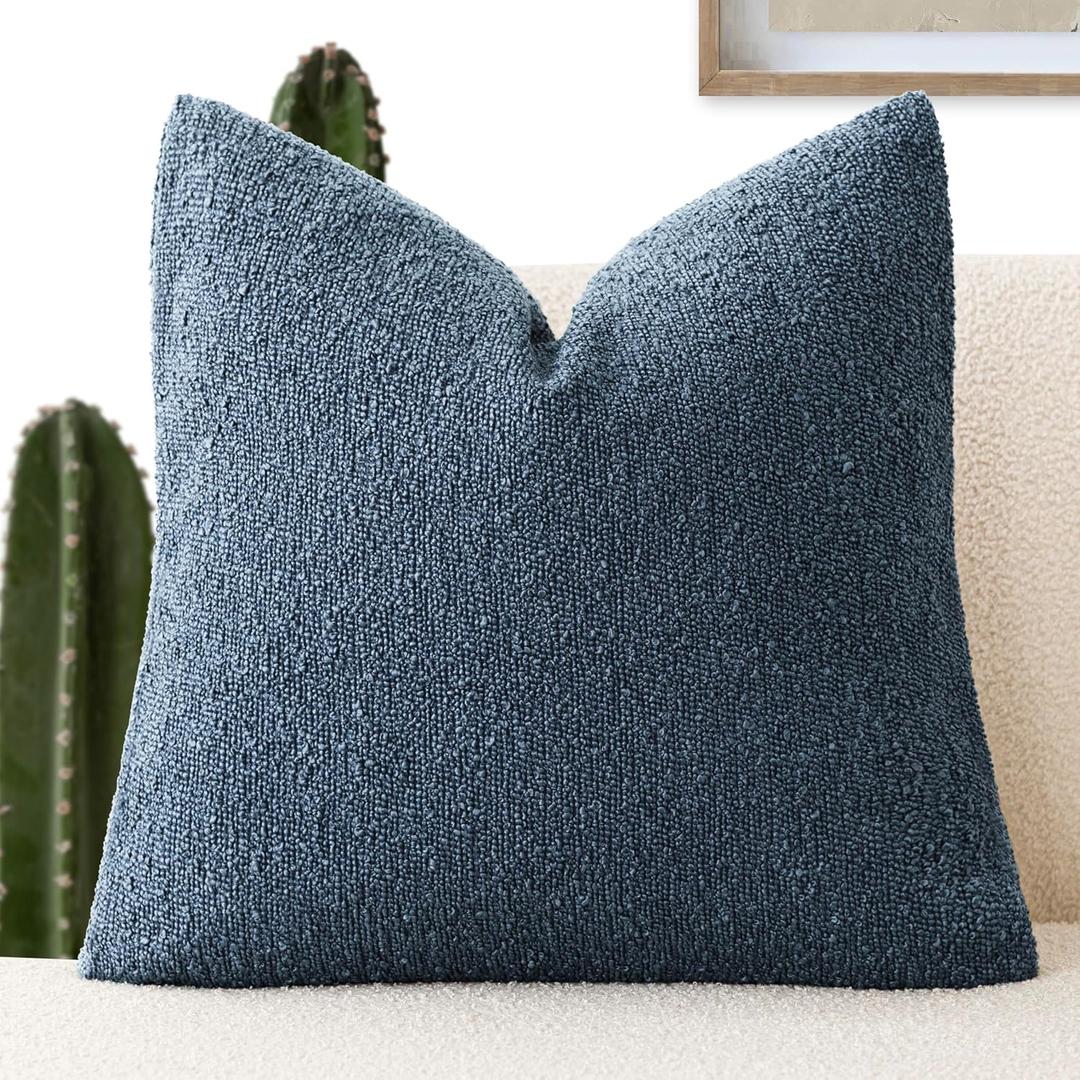 Foindtower Decorative Textured Boucle Throw Pillow Covers Accent Solid Pillow Cases Neutral Soft Cozy Couch Cushion Case for Chair Sofa Bedroom Living Room Home Decor 18x18 Inch,1PC,Dark Blue