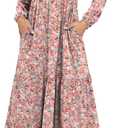 ANRABESS Women's Long Sleeve Maxi Dresses 2025 Fall Casual V Neck Flowy Tiered Boho Modest Trendy Vacation Dress with Pockets (Medium, Floral Pink)