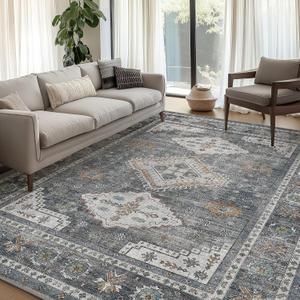 Area Rugs 6x9 for Living Room Bedroom, Machine Washable Area Rug Floor Cover, Print Vintage Tribal Aesthetic Carpet, Low Pile Mat with Non Slip Rubber Backing, Distressed Dark (Charcoal Black)