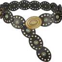 WERFORU Women Western Belts Wide Disc Belt with Turquoise for Dress Cowgirl Country Belt Boho Concho Leather Belt for Concert, Black(bronze Buckles)