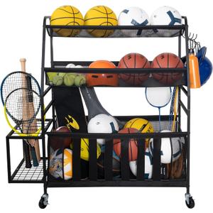 STORAGE MANIAC Ball Storage Bin Rolling Sports Ball Cart, Metal Garage Organizer Sport Rack Basketball Storage Cage for Garage or Gym, Indoor & Outdoor Sports Equipment Organizer (Black)