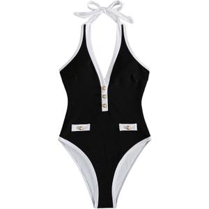 Floerns Women's One Piece Swimsuit Textured Halter Neck Tummy Control Bathing Suit (Black, S)