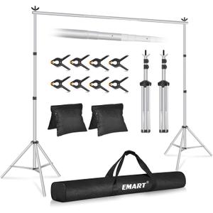 EMART Backdrop Stand 10x7ft(WxH) Photo Studio Adjustable Background Stand Support kit with 2 Crossbars, 8 Clamps, 2 Sandbags and Carry Bag for Parties, Events Decoration, Wedding, Photography -Silver (Sliver)