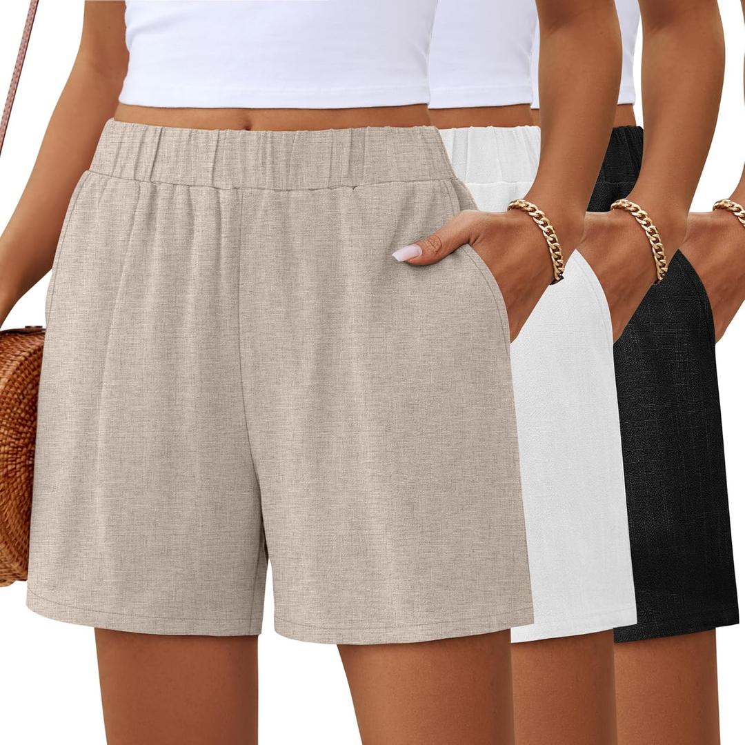Ficerd 3 Pack Women's Casual Linen Shorts,Pleated High Waist Wide Leg Summer Elastic Comfy Trendy Shorts with Pockets, M Black, White, Linen