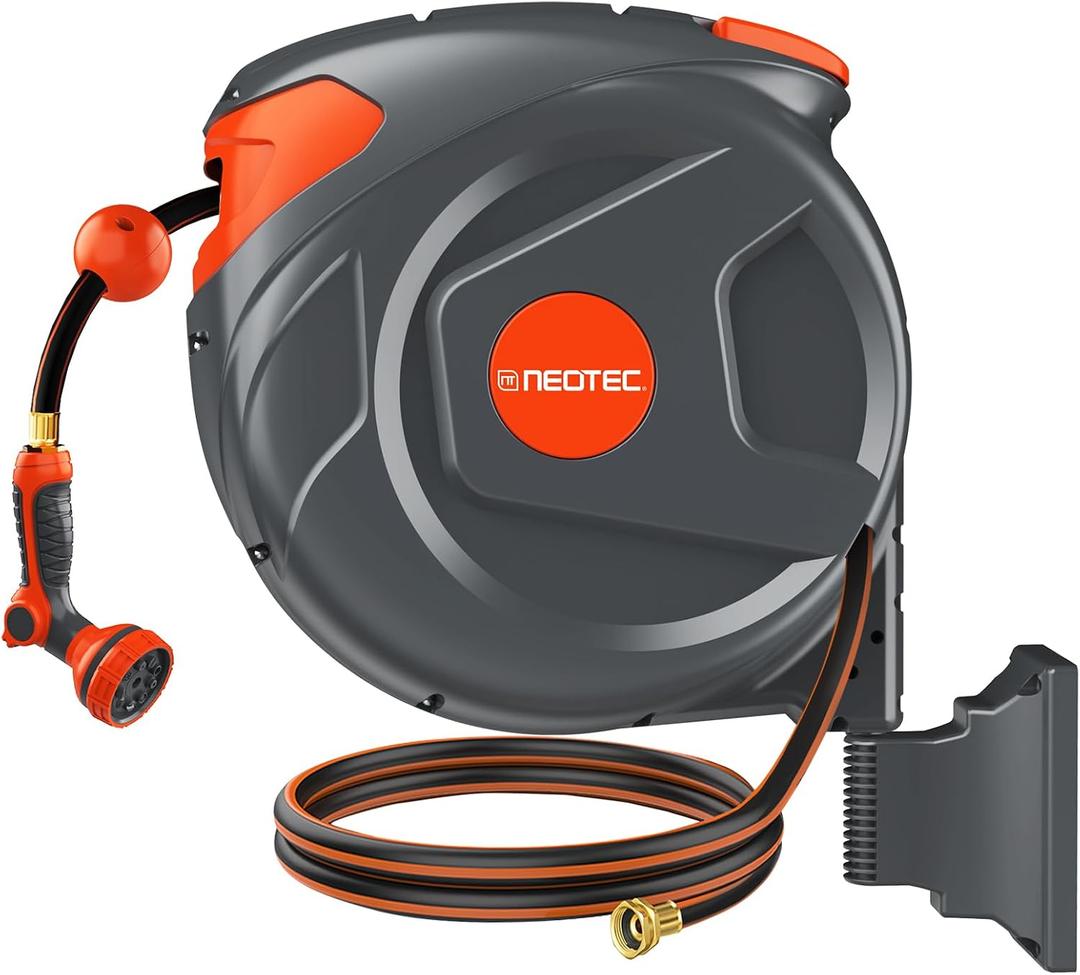 100FT Retractable Garden Hose Reel 1/2 Inch with 9-Pattern Nozzle - Automatic Slow Return & Any Length Lock, Wall Mounted Heavy Duty Hose Reels for Outside, 180 Swivel UV Resistant