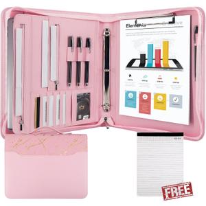 GraduatePro Zippered Leather Padfolio Portfolio Folder with Handle and Clipboard, 3-Ring A4 Size Interview Legal Conference Document Organizer, Business Card Holder Bag for Men/Women, Pink Marble
