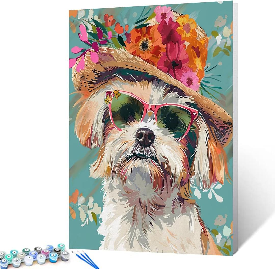 Puppy with Shades and Flowers Hat Paint by Numbers Kits 16x20 inch Canvas Cute Dog Lovely Animal Painting DIY Oil Painting for Kids, Adults Beginner with Brushes Pigment Drawings Gift(without Frame)
