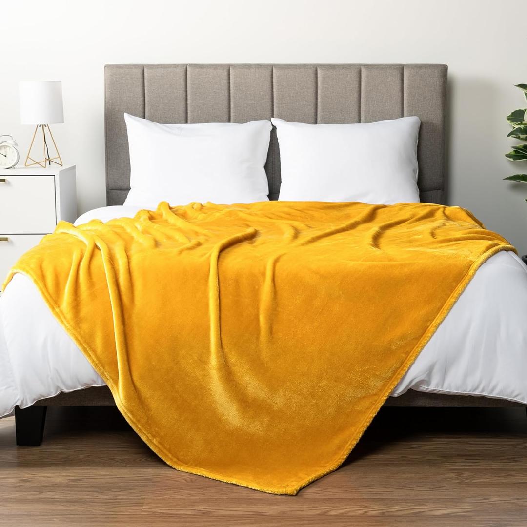 PAVILIA Mustard Yellow Fleece Bed Blanket Queen Size, Gold Super Soft Fuzzy Flannel Throw for Couch Sofa, Luxury Plush Microfiber Large Throw Blanket Queen Bed, Home Cozy Velvet Gift Blanket, 90x90