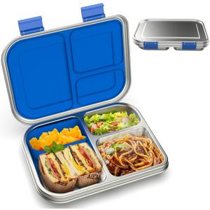 BOSEDSANG Stainless Steel Kids Leak-Resistant Bento Lunch Box, 3-Compartments with Silicone Container, Dishwasher-Safe, Child-Friendly Design for School, Picnics & Travel,BPA-Free (Blue)