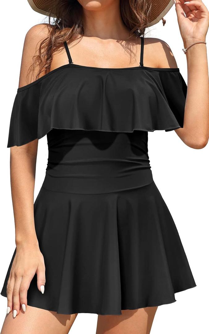 SHEKINI Women's Off-Shoulder Ruffled Flounce Swim Skirt Ruched One Piece Swimdress (X-Large, Black)