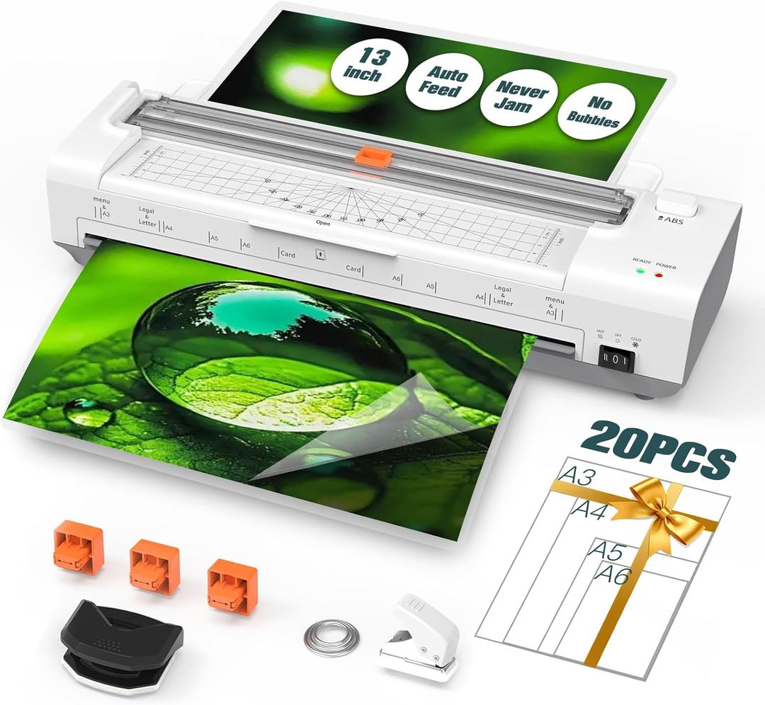 Laminator Machine 13 Inch Lamination Machine with Auto Paper Feed, Never Jam A3 Thermal Lamination, 20 Laminating Sheets 10-in-1 Laminator with Cutter, Trimmer & Corner Rounder for Office School Home