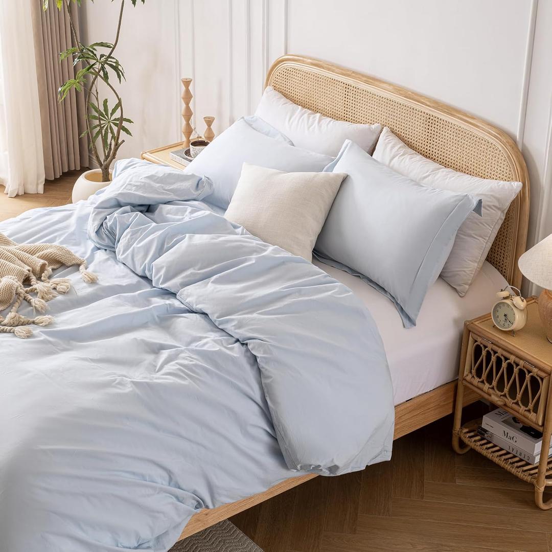 Yibeizi Light Blue 100% Washed Cotton Linen Like Duvet Cover Set Full Size, 3 Pieces, 1 Duvet Cover 80x90 Inches and 2 Pillow Shams, Soft Breathable Comforter Covers Zipper Closure