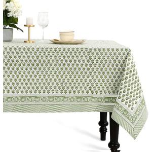 CPC Tablecloth 100% Cotton 70x118 Inch Indian Block Print Rectangle Table Cover, Table Cloth for Weddings, Spring/Summer, Barbeque - Emerald Green