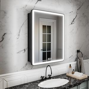 24x30 Lighted Medicine Cabinet with Mirror, Sand Black Frame,3 Colors Temper dimmable,led Medicine Cabinet with Mirror defog,stepless dimming,Surface or Recessed Mount,Door Right Open