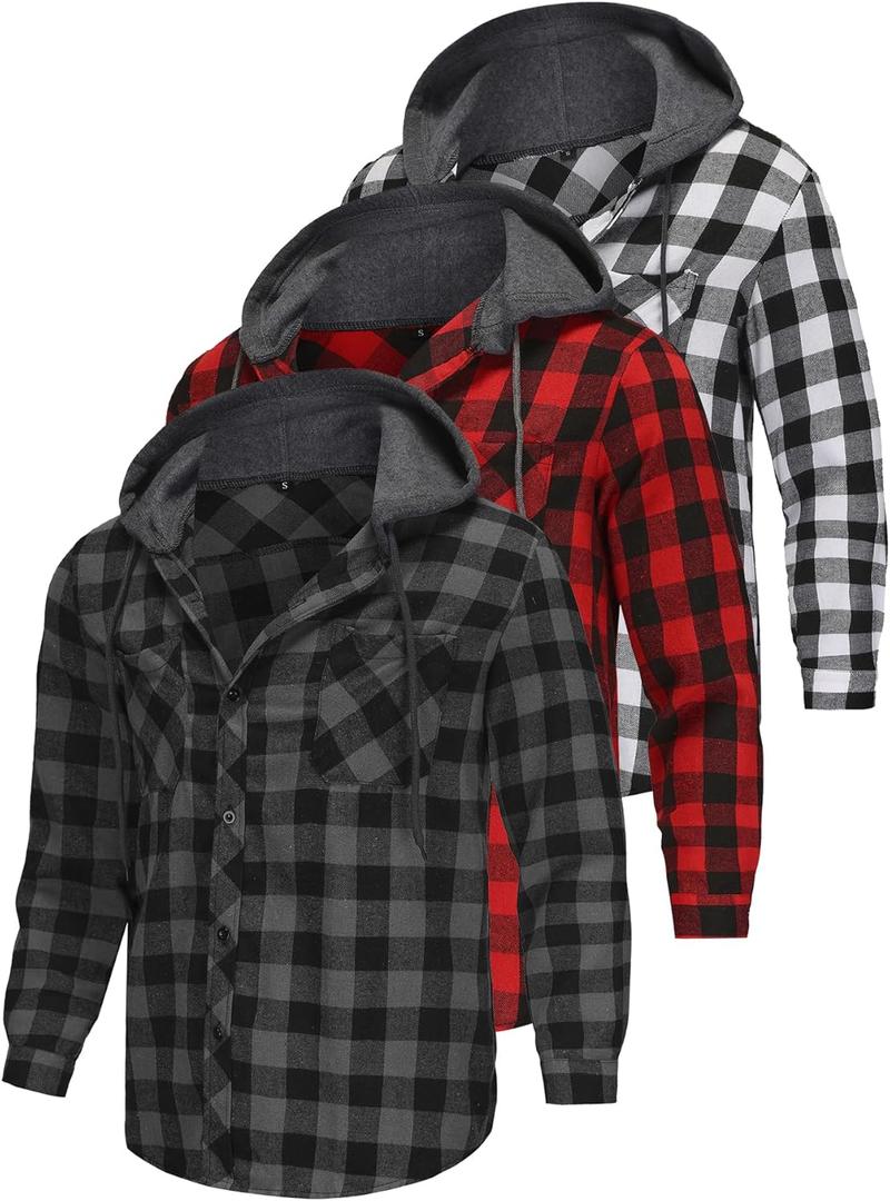 3 Pack Lightweight Hooded Flannel Shirt for Men Casual Button Down Plaid Shirt Long Sleeve Fashion Hooded with Pocket (Large, Grey/White/Red)