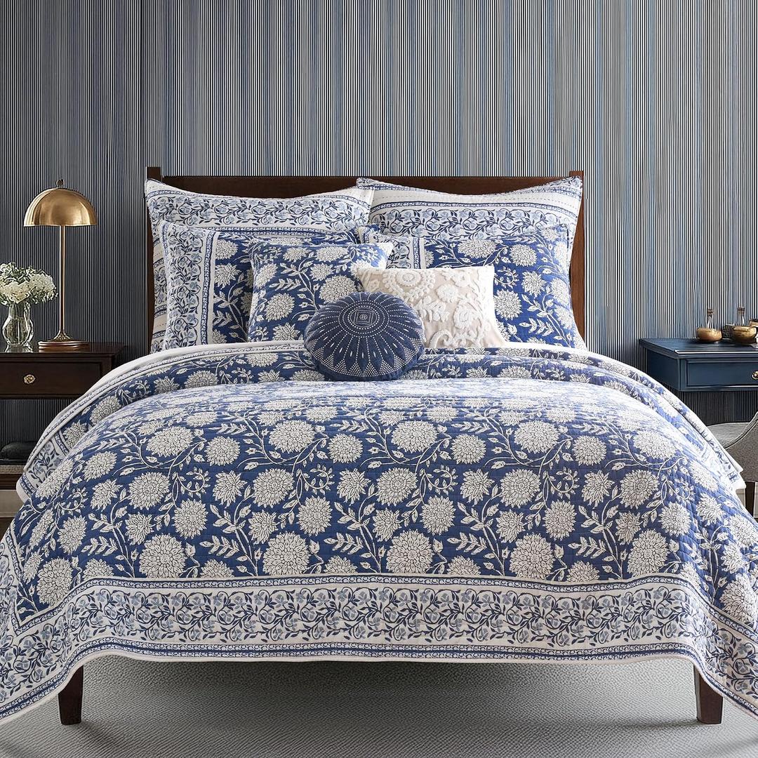 Levtex Home Adare Denim Reversible Full/Queen Quilt Set (88x92in) with 2 Pillow Shams (26x20in) - Floral Bedding - Blue White - Cotton Full/Queen Size Quilt Bedding Set - Lightweight, Soft, Pre-Washed