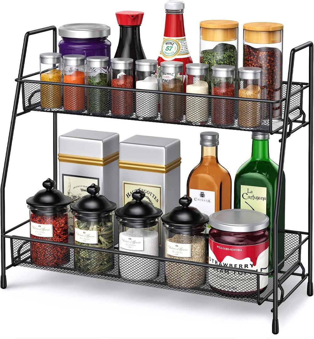 Spice Rack Organizer for Cabinet, Bathroom Organizer Countertop, Bathroom Counter Organizer, Kitchen Countertop Organizer, Bathroom Vanity Organizer (14.17 x 12.72 x 5.55 inches, Black)