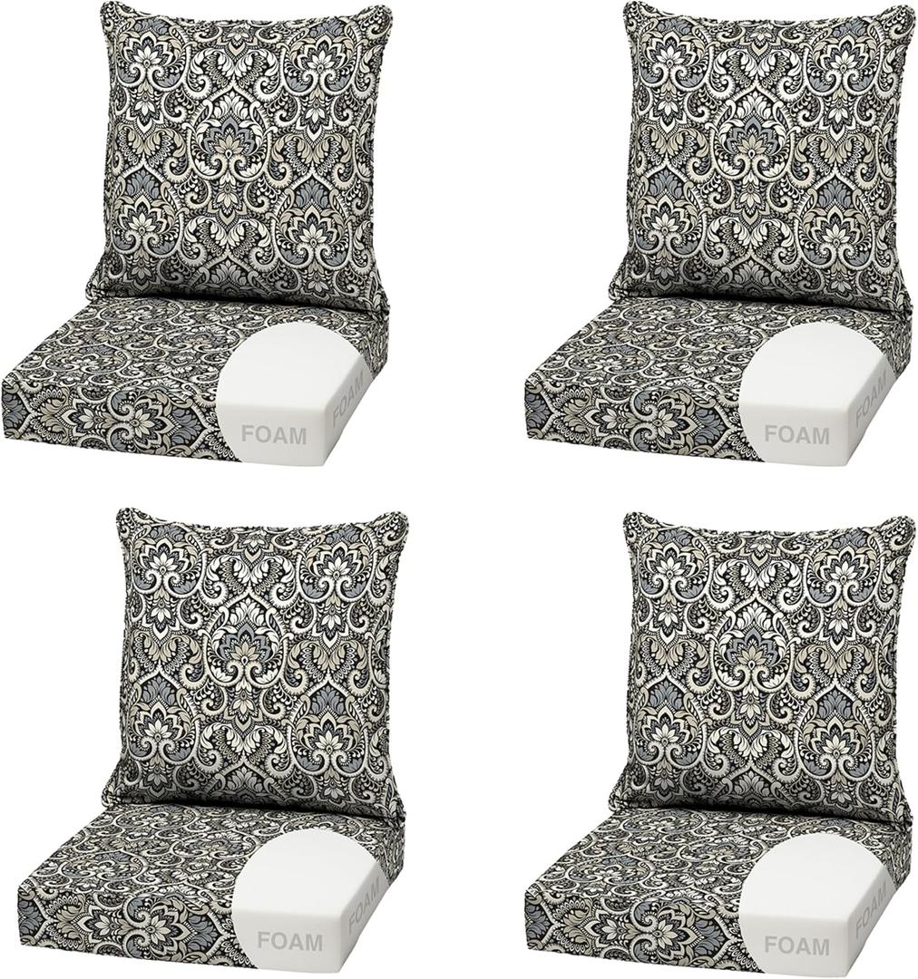 Arden Outdoor Foam Deep Seat Cushion (2-Pack), 22x24, Premium High-Density Foam, Never Flattens, Weather-Proof for Patio Chair Sofa Couch, Black Aurora Damask