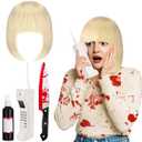 4Pack Halloween Horror Movie Costume Accessories Short Wig Prop Brick Phone Plastic Knife Fake Blood for Women Fancy Dress Up Supplies