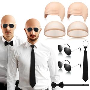 Mepase 8 Pcs Halloween Latex Bald Caps with Head Wig Caps Sunglasses Tie and Bow Tie for Adults Men Halloween Party Cosplay(Wrinkle Style)